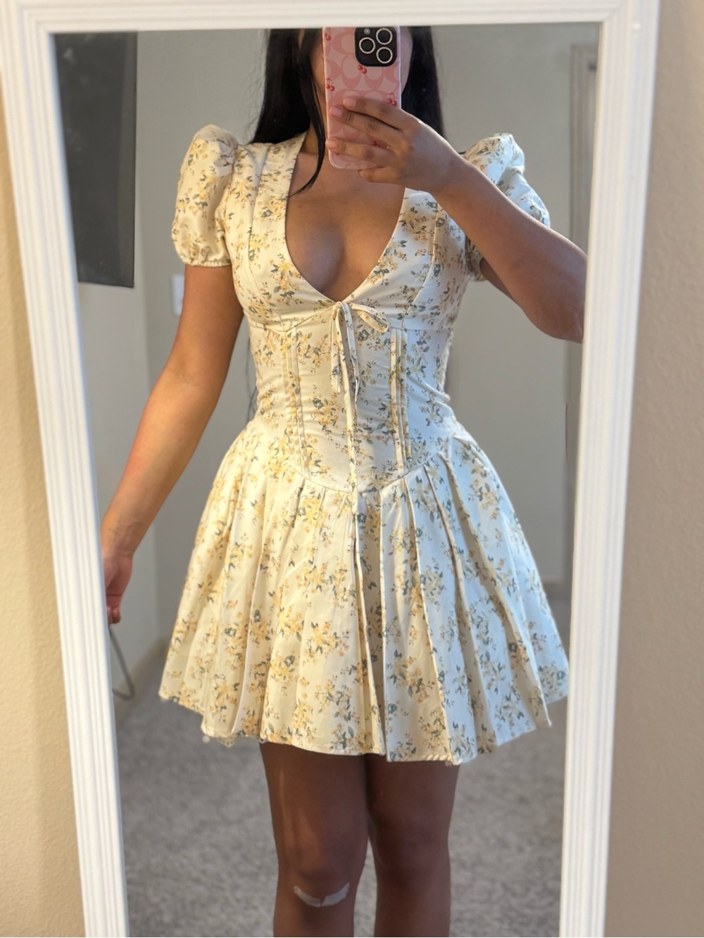 Floral Tie-Front Puff Sleeve Mini Dress - Cream